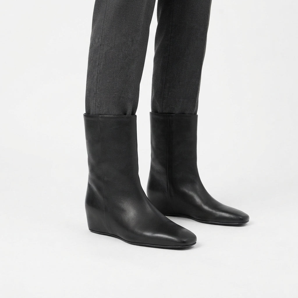 Square Toe Leather Ankle Boots, Concealed Wedge Heel
