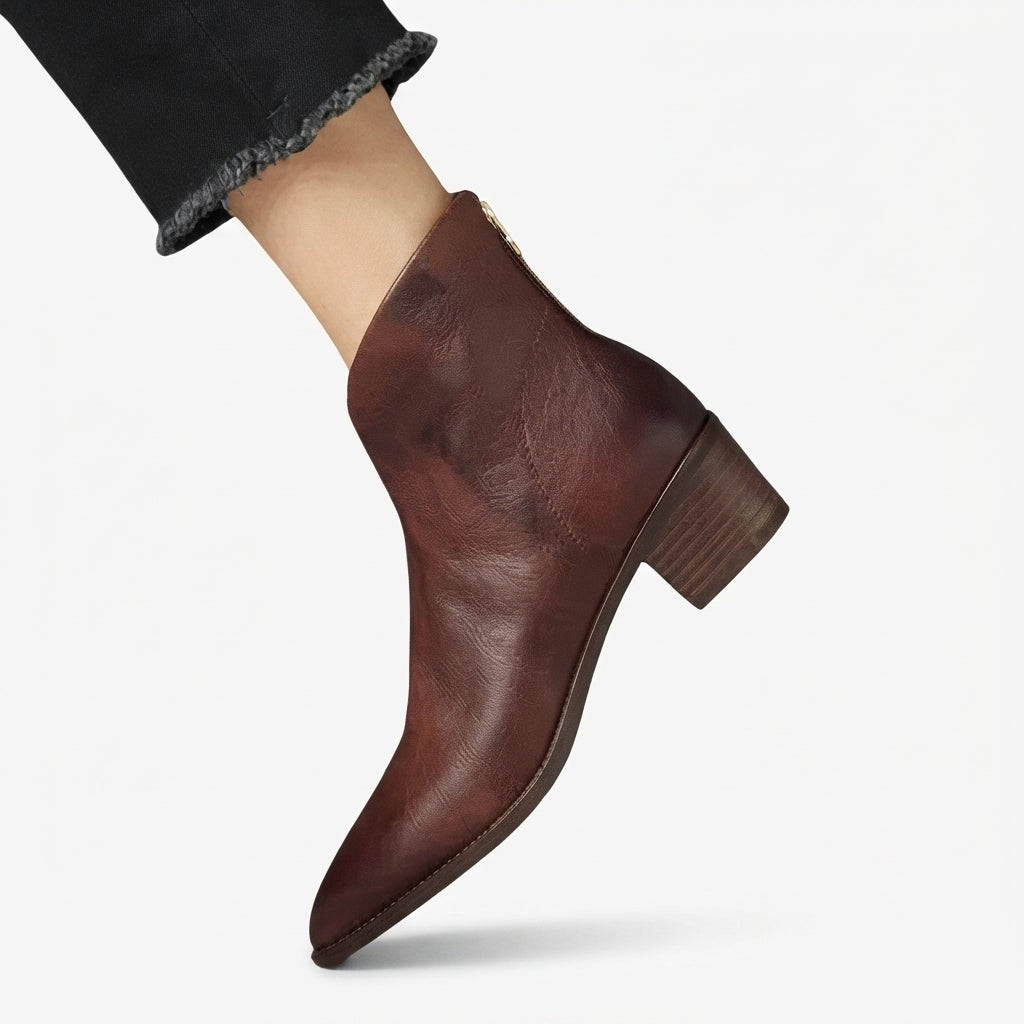 Pointed Toe Leather Ankle Boots, Back Zip Low Heel