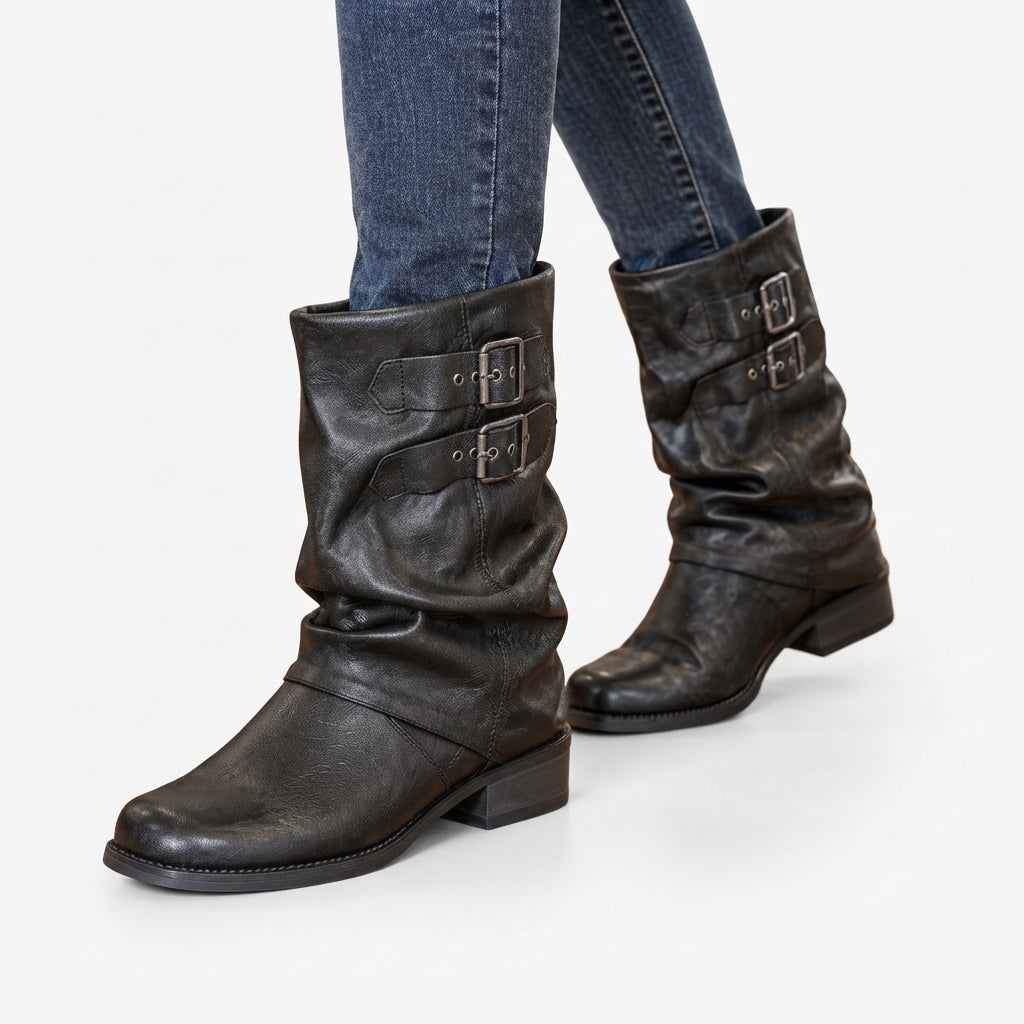 Slouch Biker Boots, Twin Buckle Round Toe Block Heel