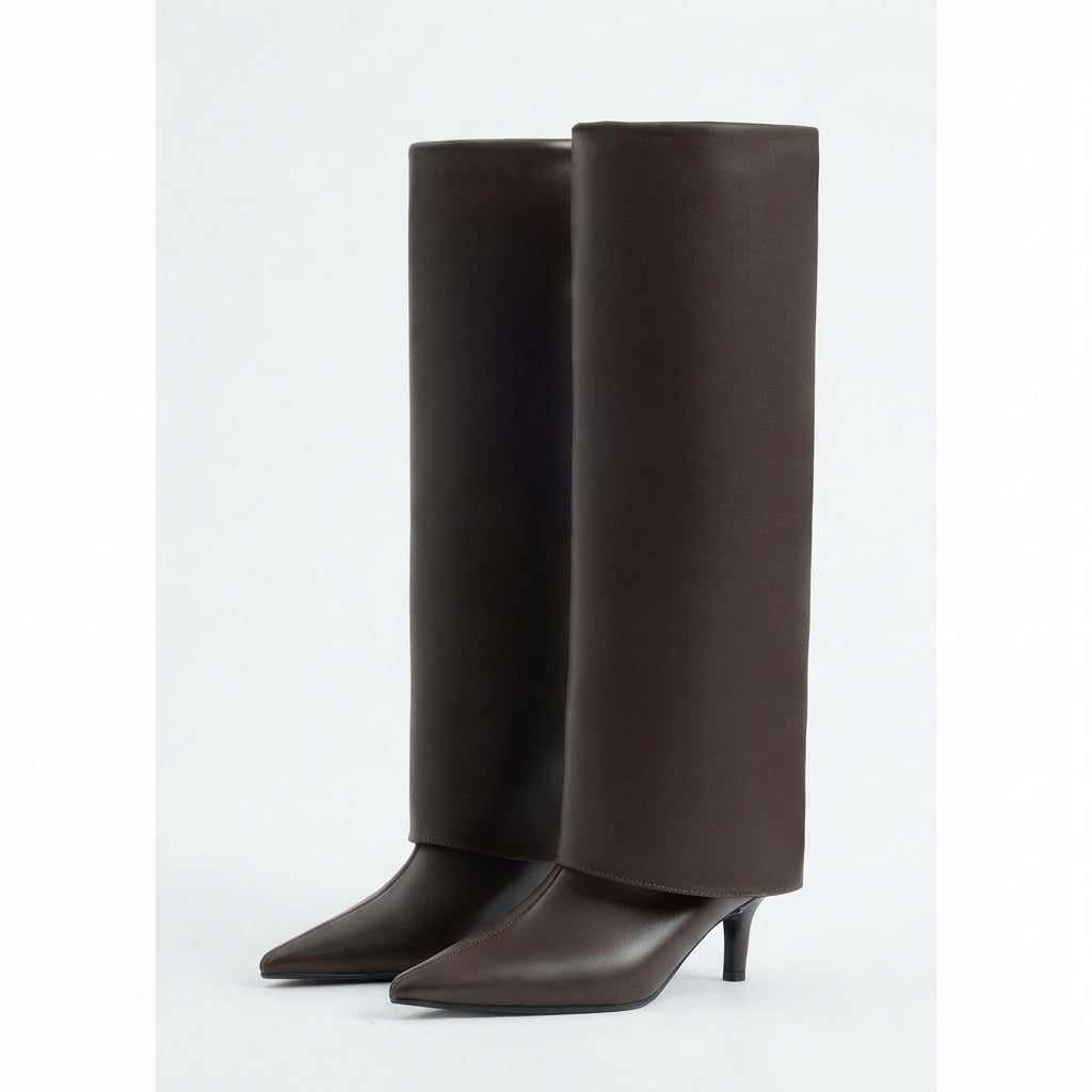Leather Knee High Boots, Pointed Toe Slim Kitten Heel