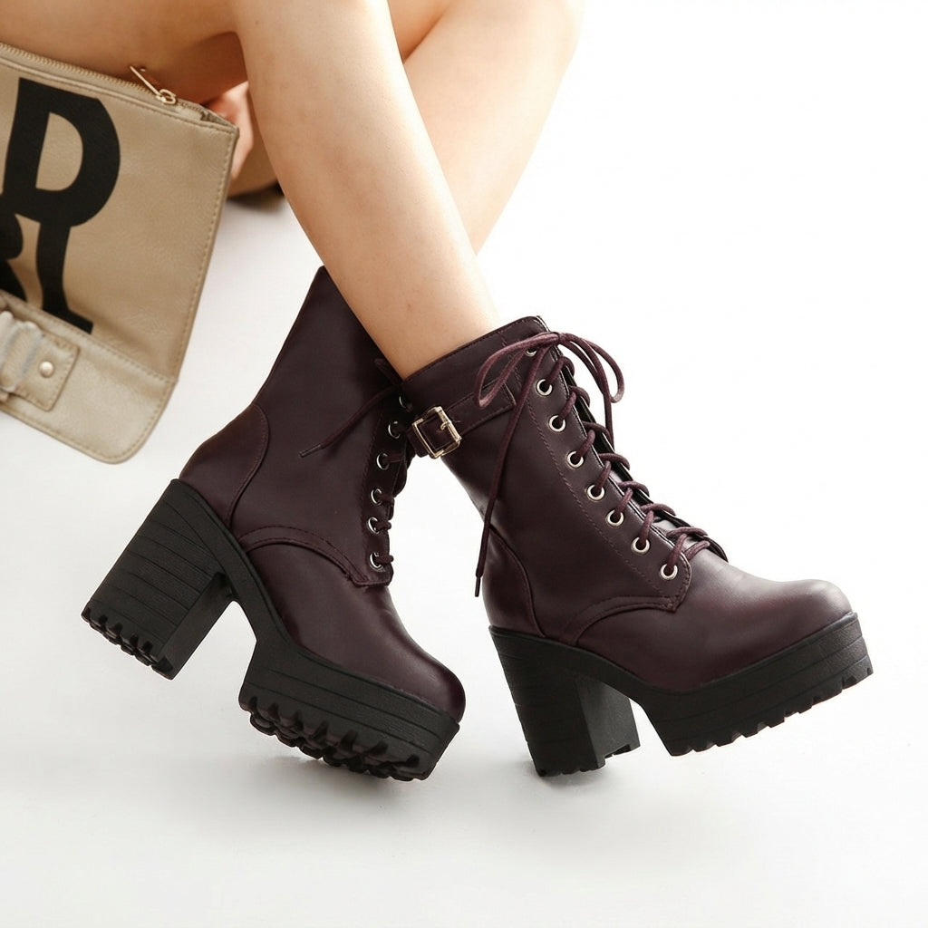 Lace-Up Platform Ankle Boots, Chunky Block Heel Booties