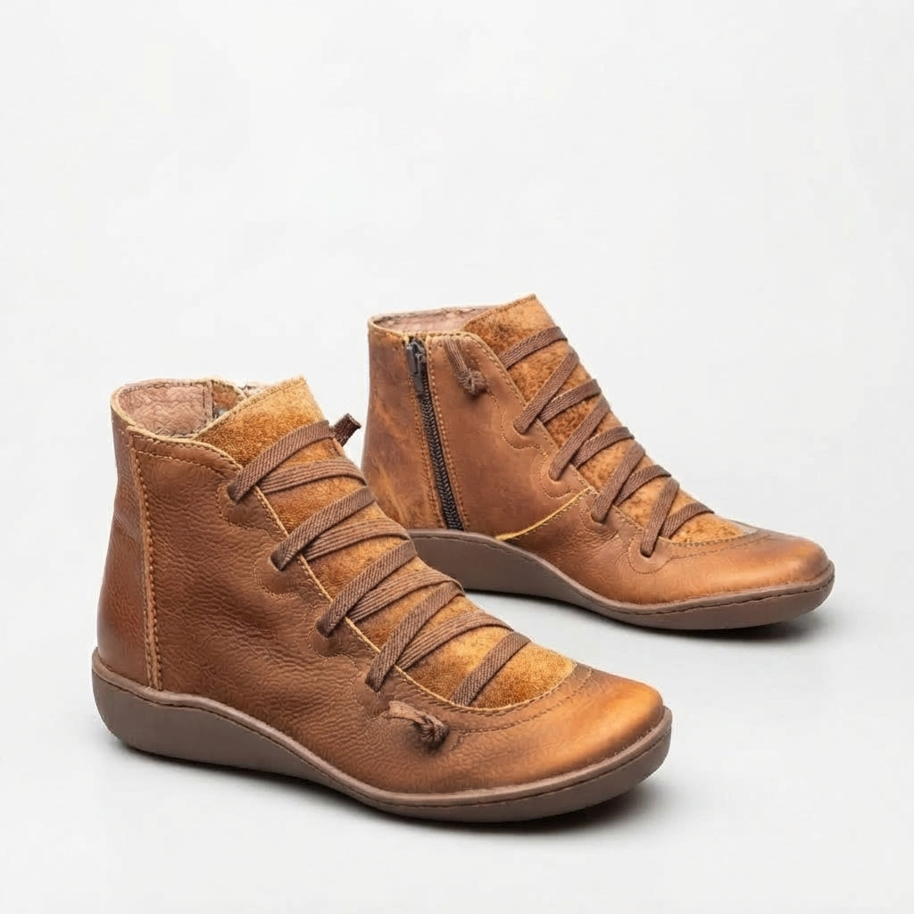 Leather Lace Up Ankle Boots, Side Zip Supportive Insole