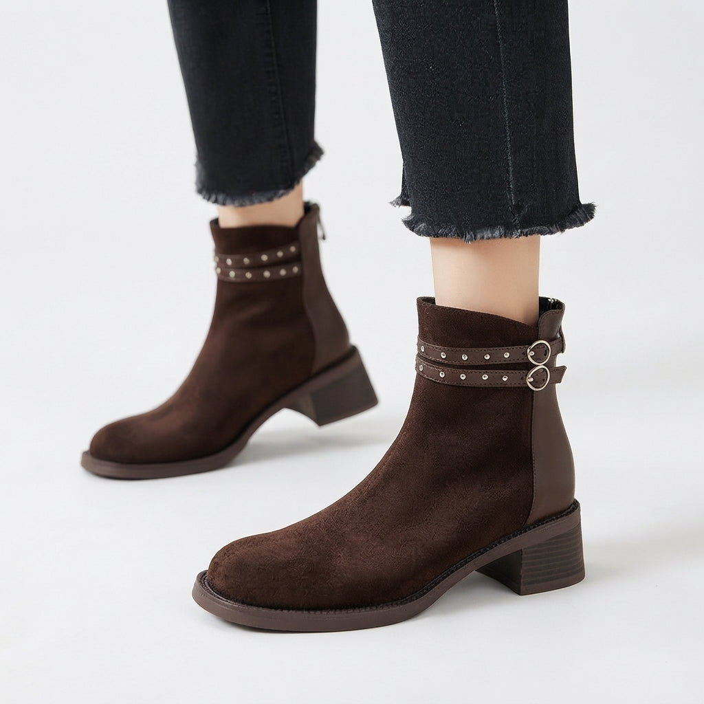 Studded Suede Ankle Boots, Double Strap Stacked Heel