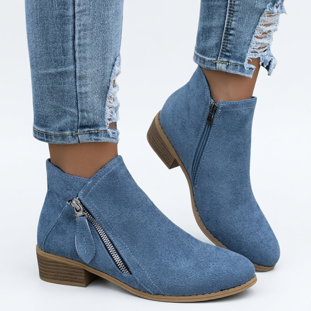 Zip Up Ankle Boots, Low Block Heel and Cushioned Sole