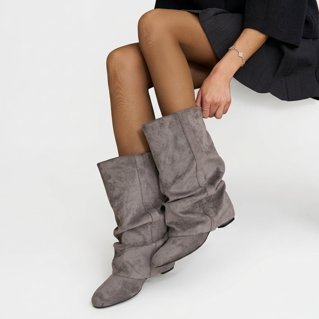 Slouch Suede Boots, Hidden Heel Round Toe Tall Shaft