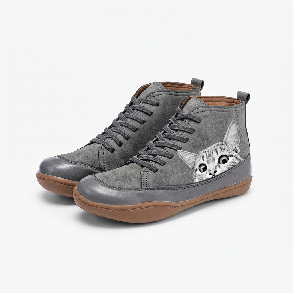 Cat Print Ankle Boots, Plush Lined Cushioned Insole