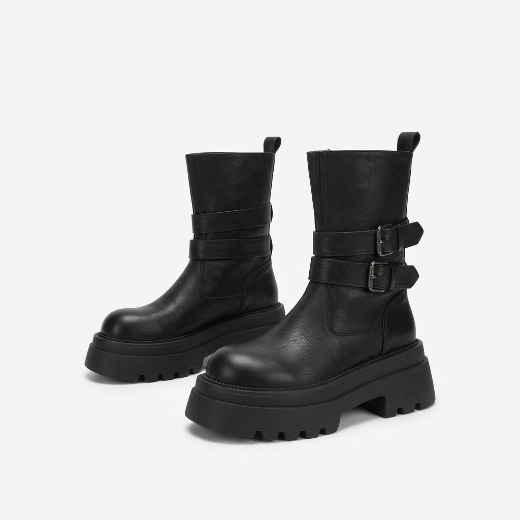 Platform Biker Boots with Double Buckle Ankle Straps