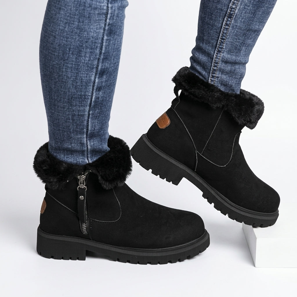 Suede Ankle Boots, Chunky Lug Sole and Fur Trim Cuff