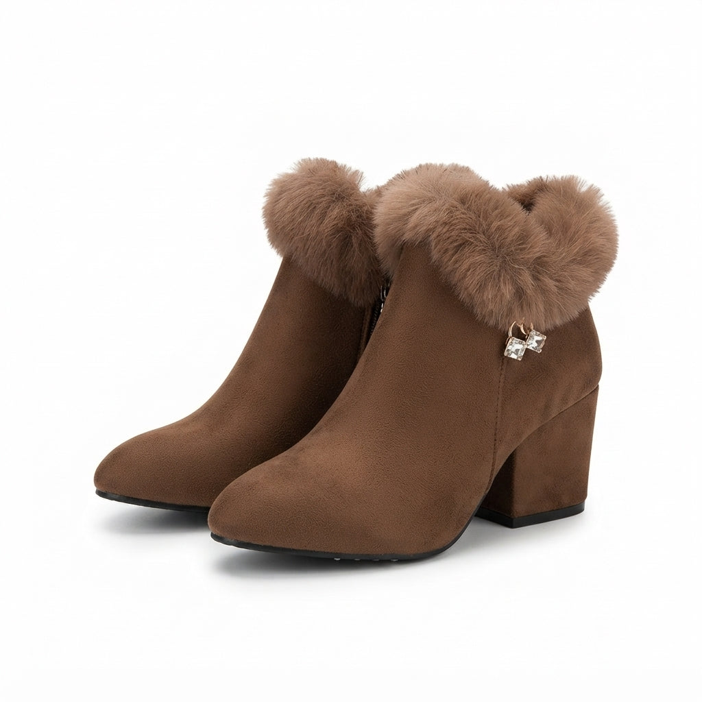 Fur Collar Ankle Boots, Block Heel Zip Up Winter Wear