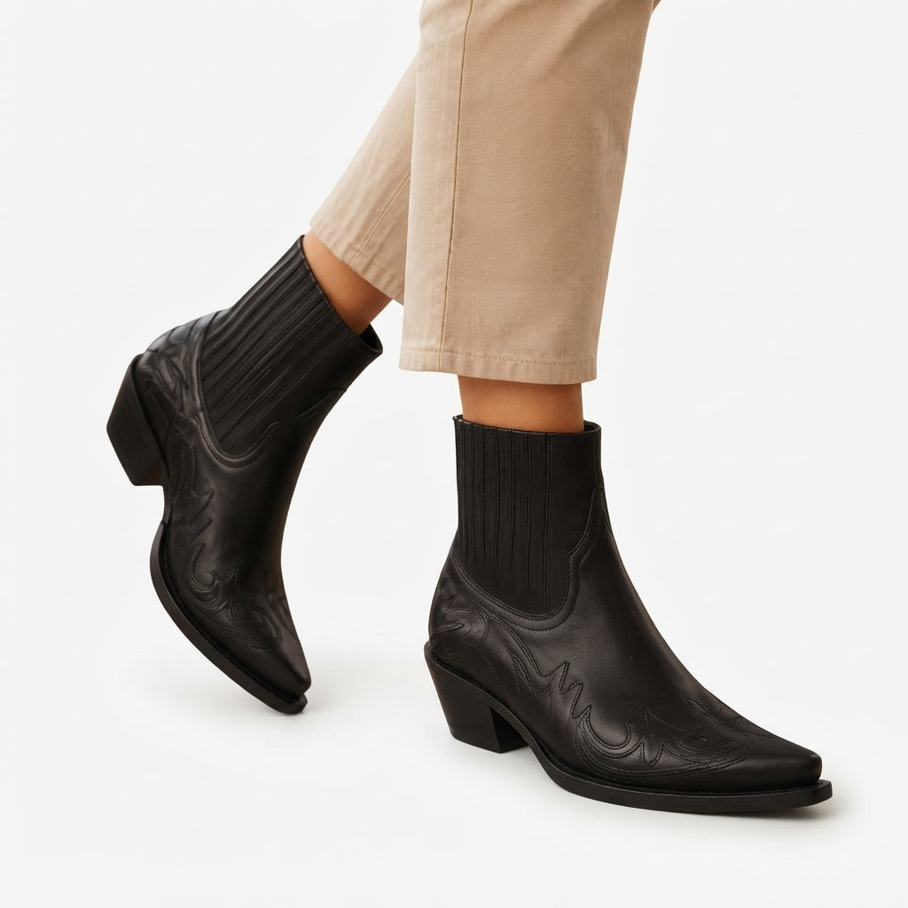 Leather Cowboy Ankle Boots, Pointed Toe Block Heel
