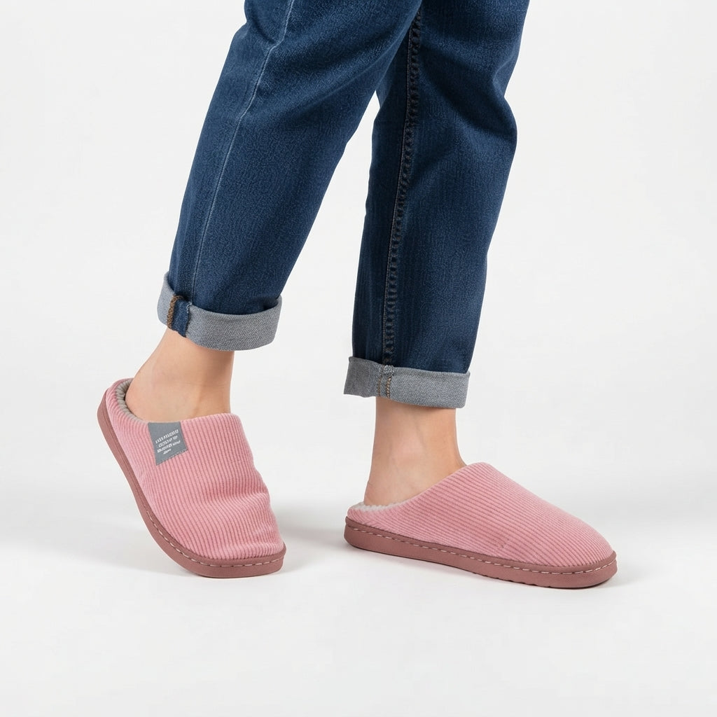 Ribbed Knit Slippers, Fleece Lined Non-Slip Grip Sole