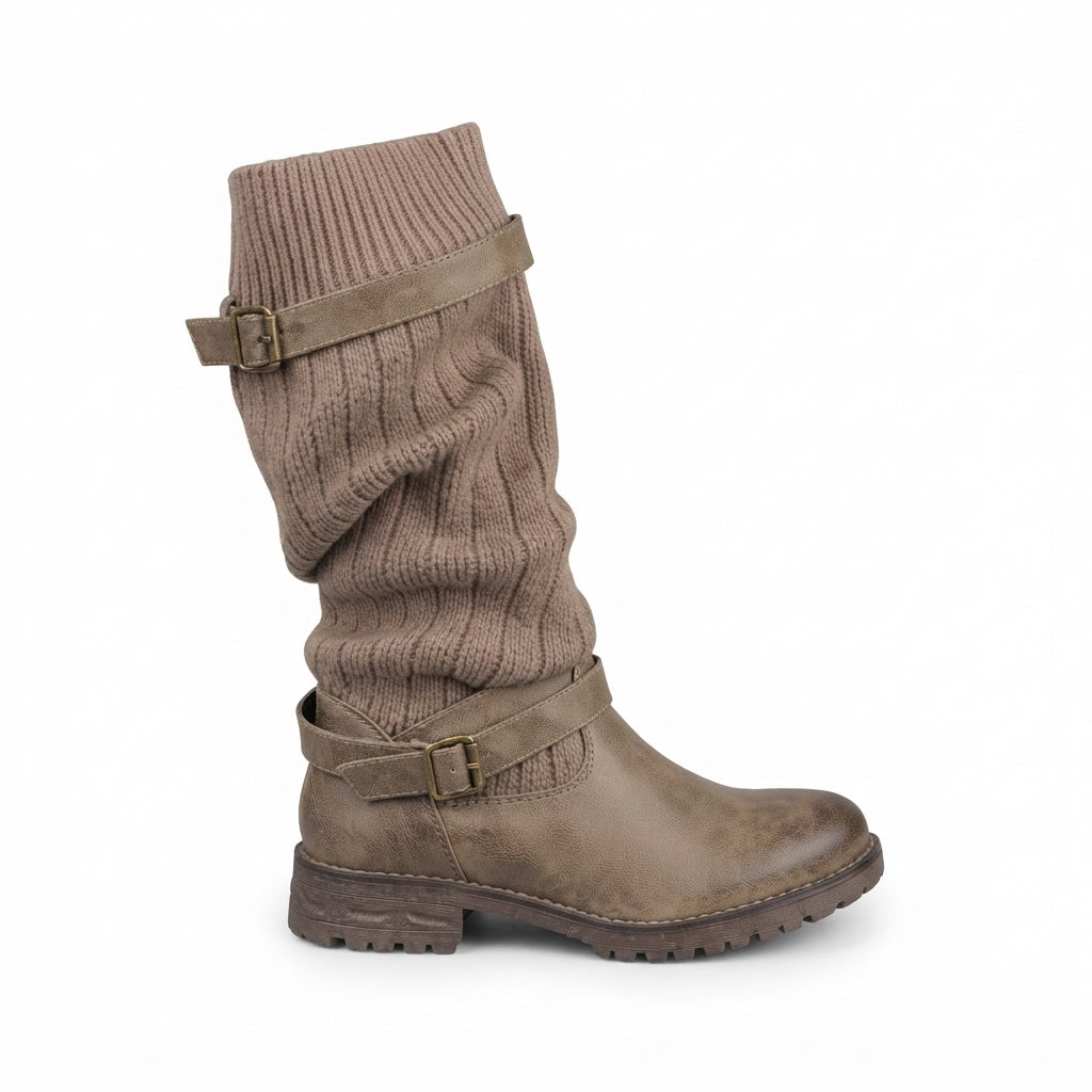 Ribbed Knit Slouch Winter Boots, Chunky Lug Sole Grip