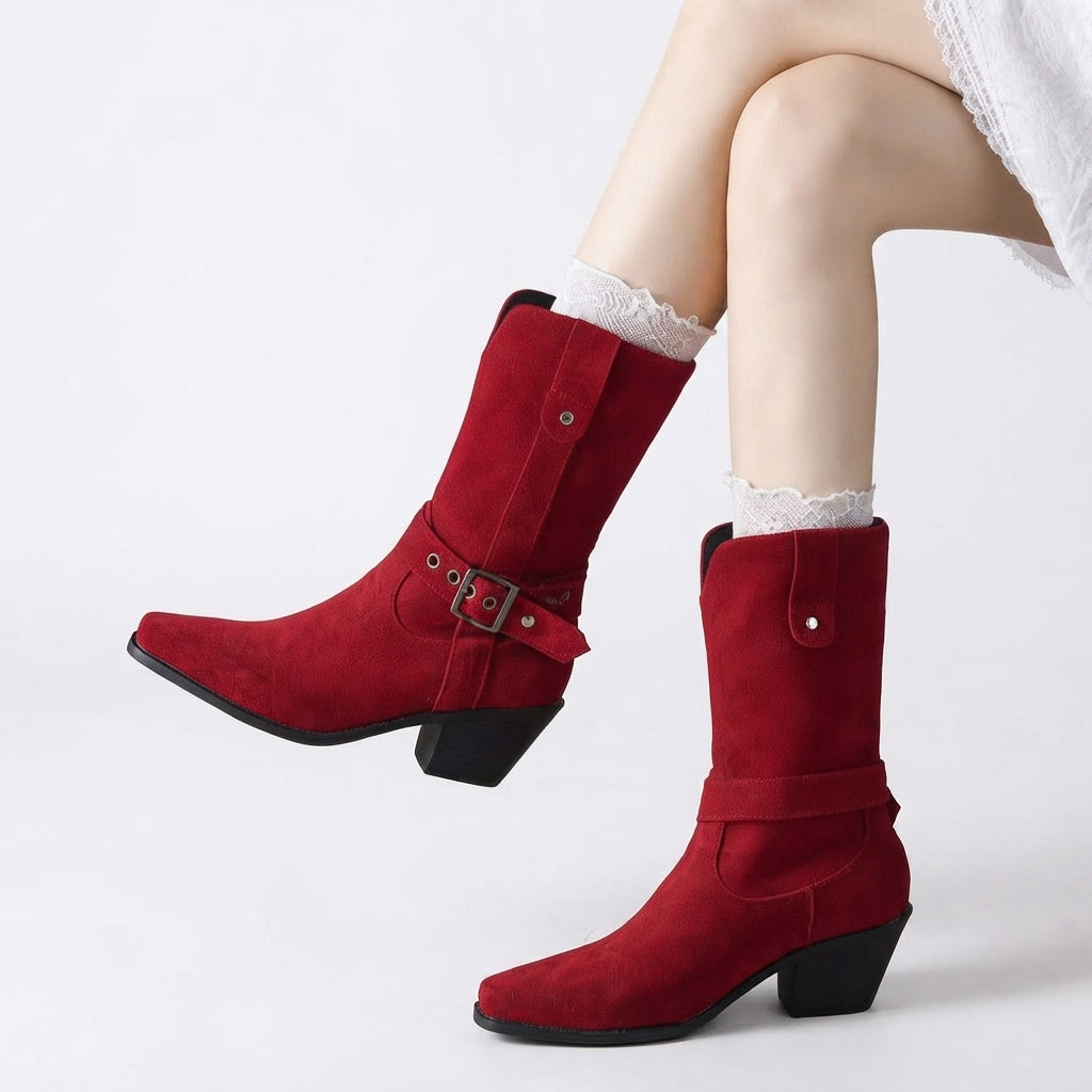 Mid-Calf Cowboy Boots, Buckled Faux Suede Western Heel