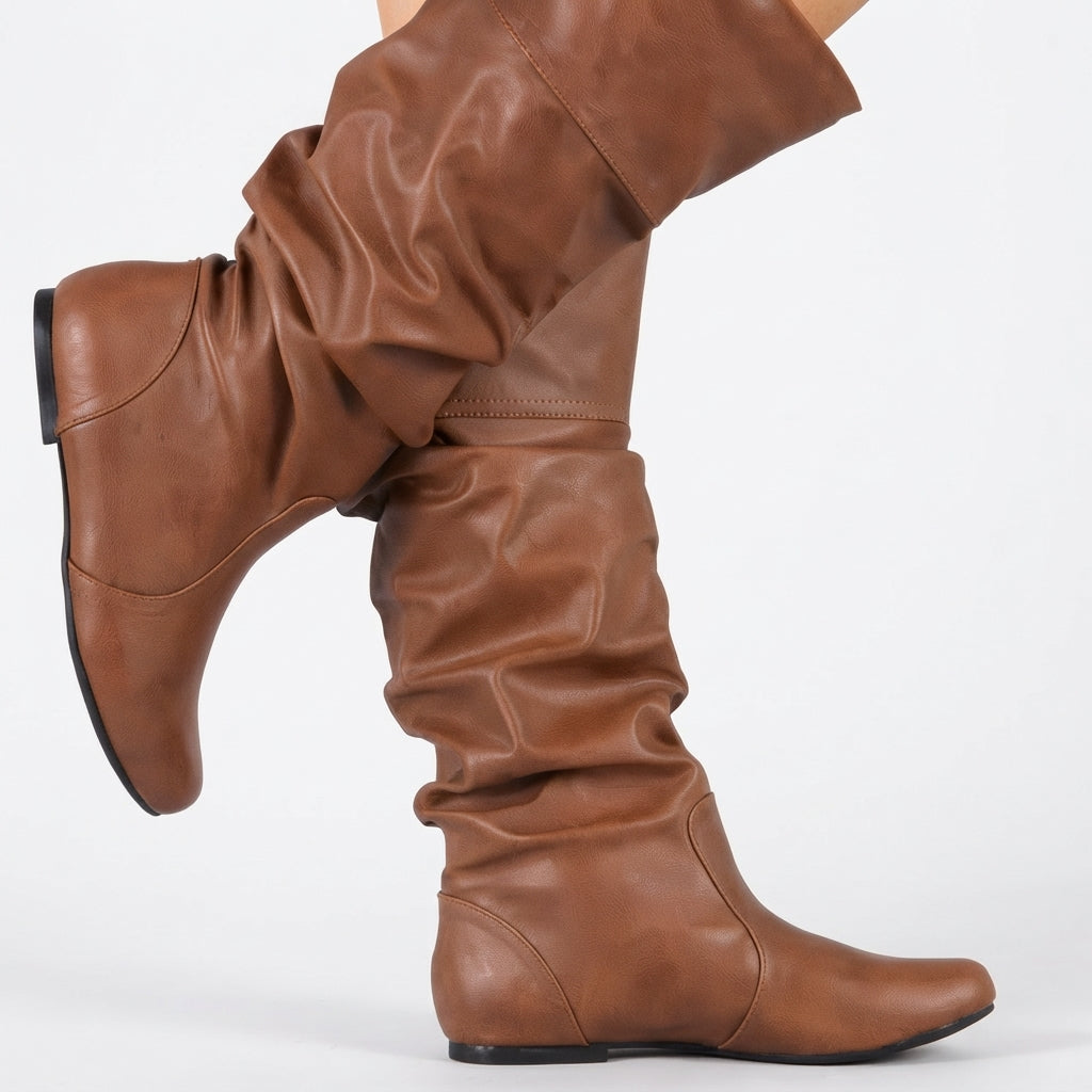 Ruched Leather Cowboy Boots, Pull-On with Rounded Toe