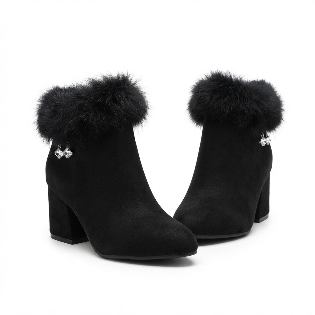 Faux Fur Trim Ankle Boots, Block Heel Warm Side Zip