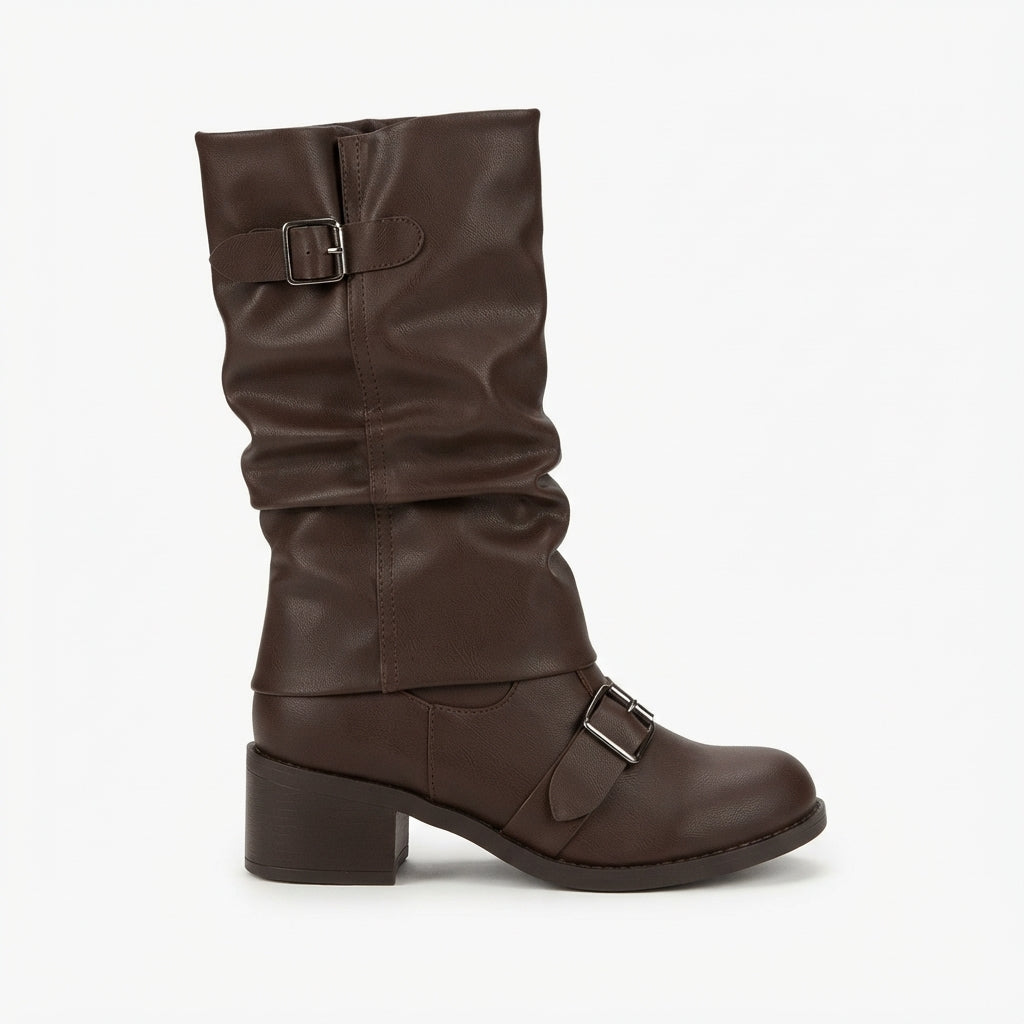 Buckle Strap Knee High Boots, Slouchy Shaft Block Heel