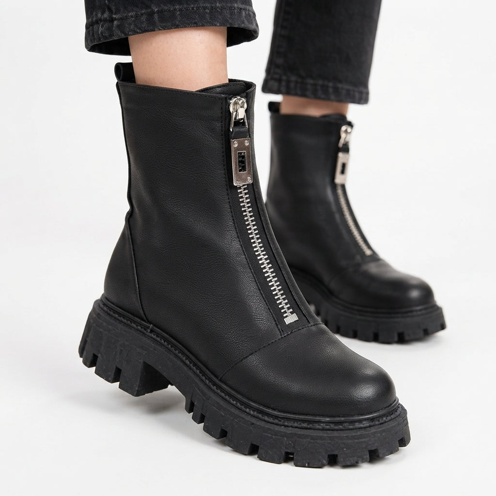Chunky Platform Ankle Boots, Front Zip Leather Look