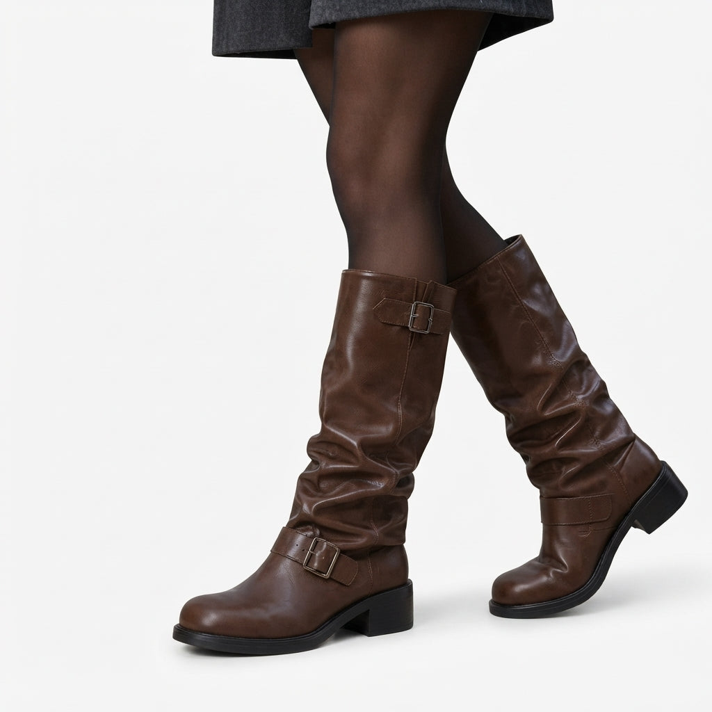 Slouchy Knee High Biker Boots, Double Buckle Straps