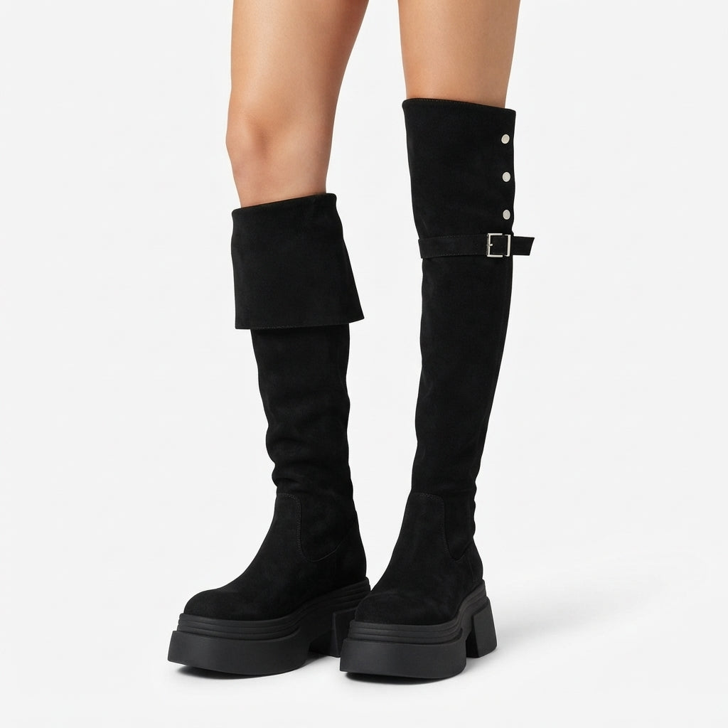Over The Knee Platform Boots, Foldover Cuff Buckle