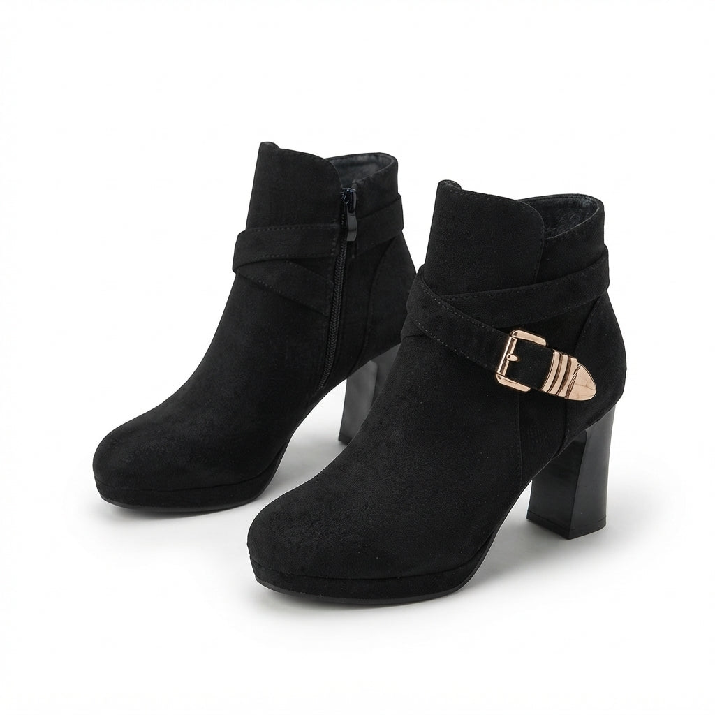 Suede Ankle Boots, Buckle Strap Platform Block Heel