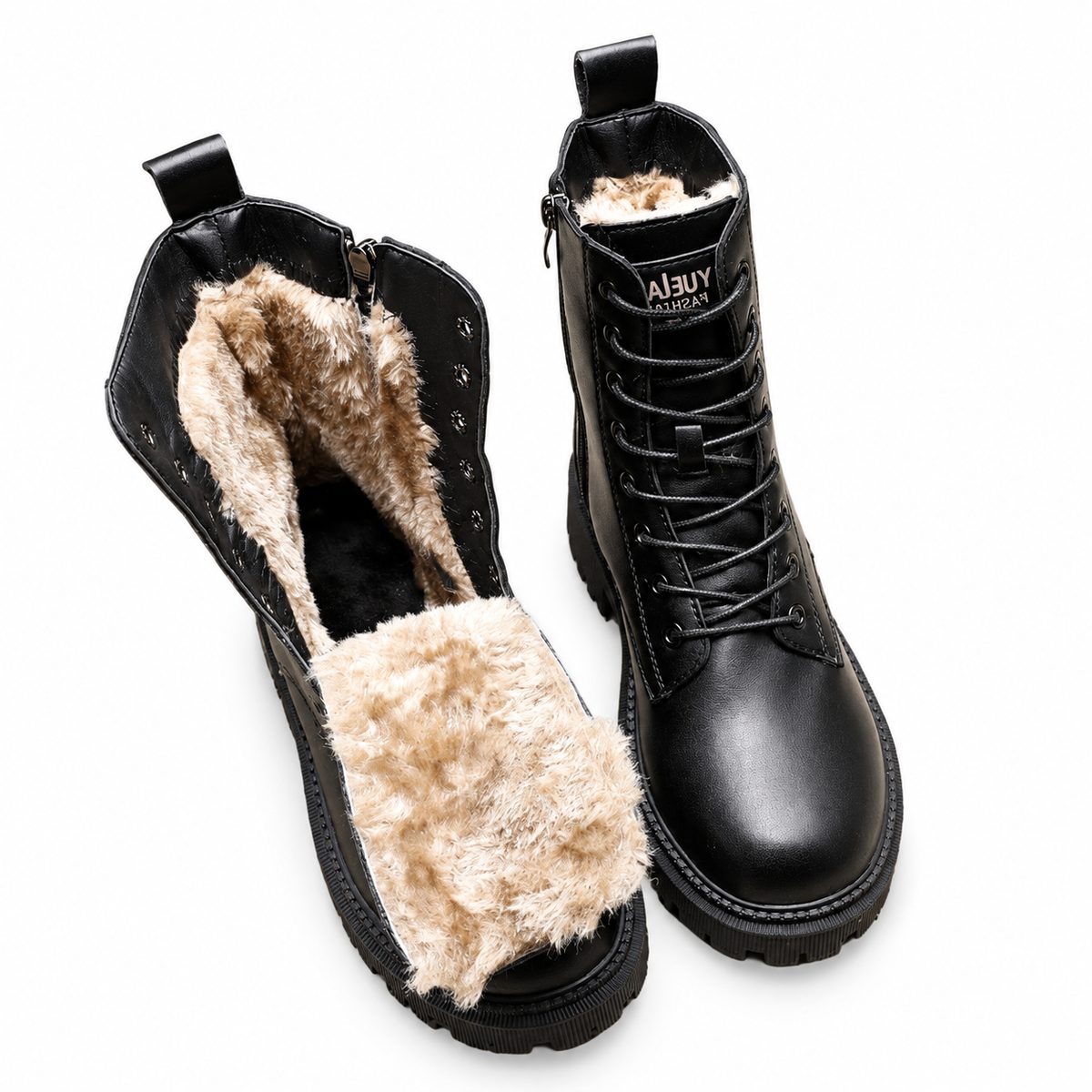 Fleece Lined Combat Boots, Lace Up Chunky Lug Sole