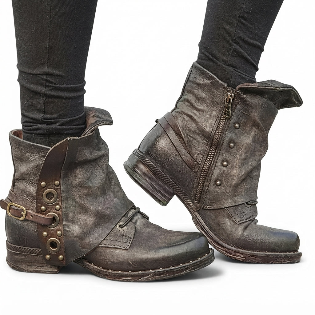 Slouch Leather Biker Boots, Arch Support Fold-Over