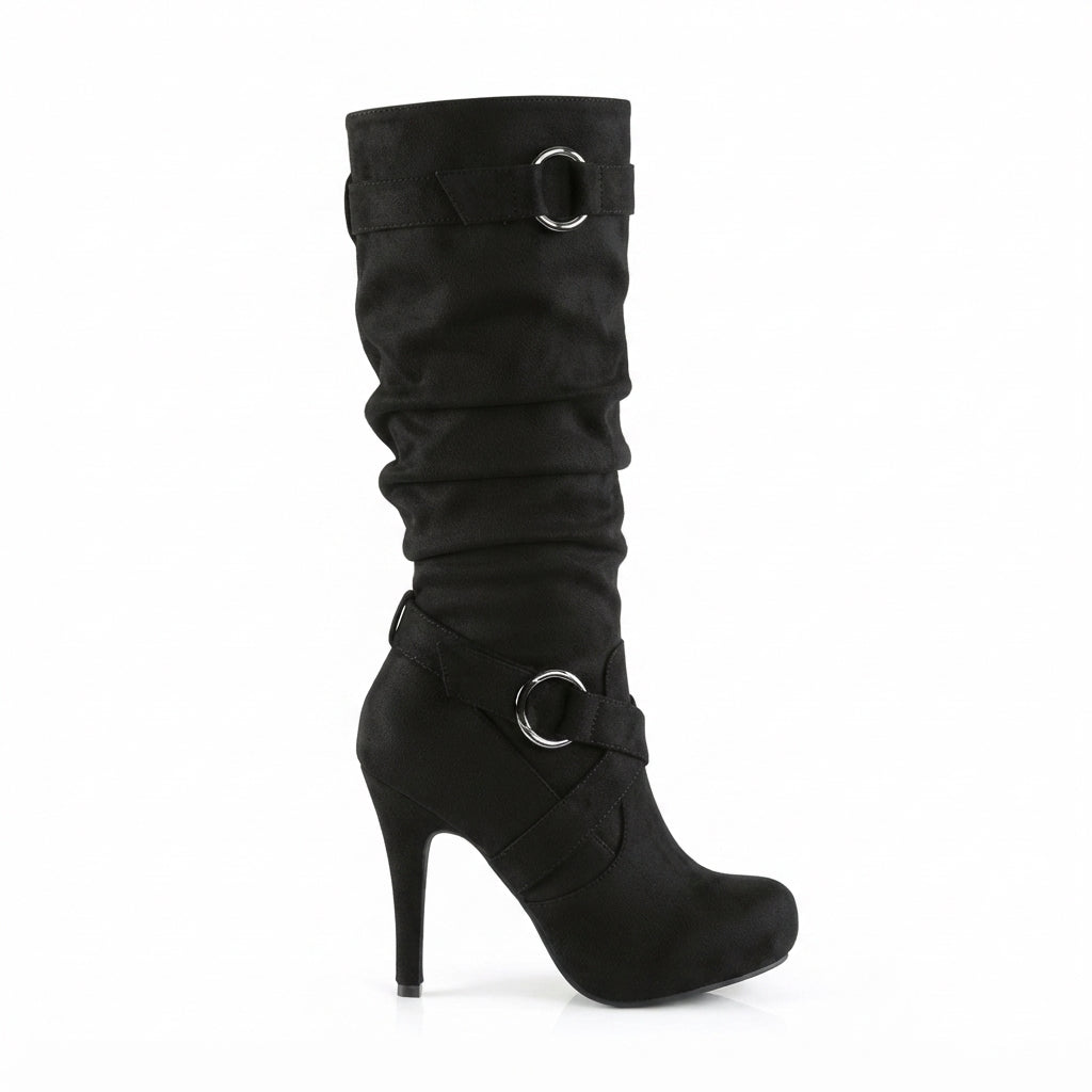 Suede Knee High Boots, Stiletto Heel Ring Buckle Zip