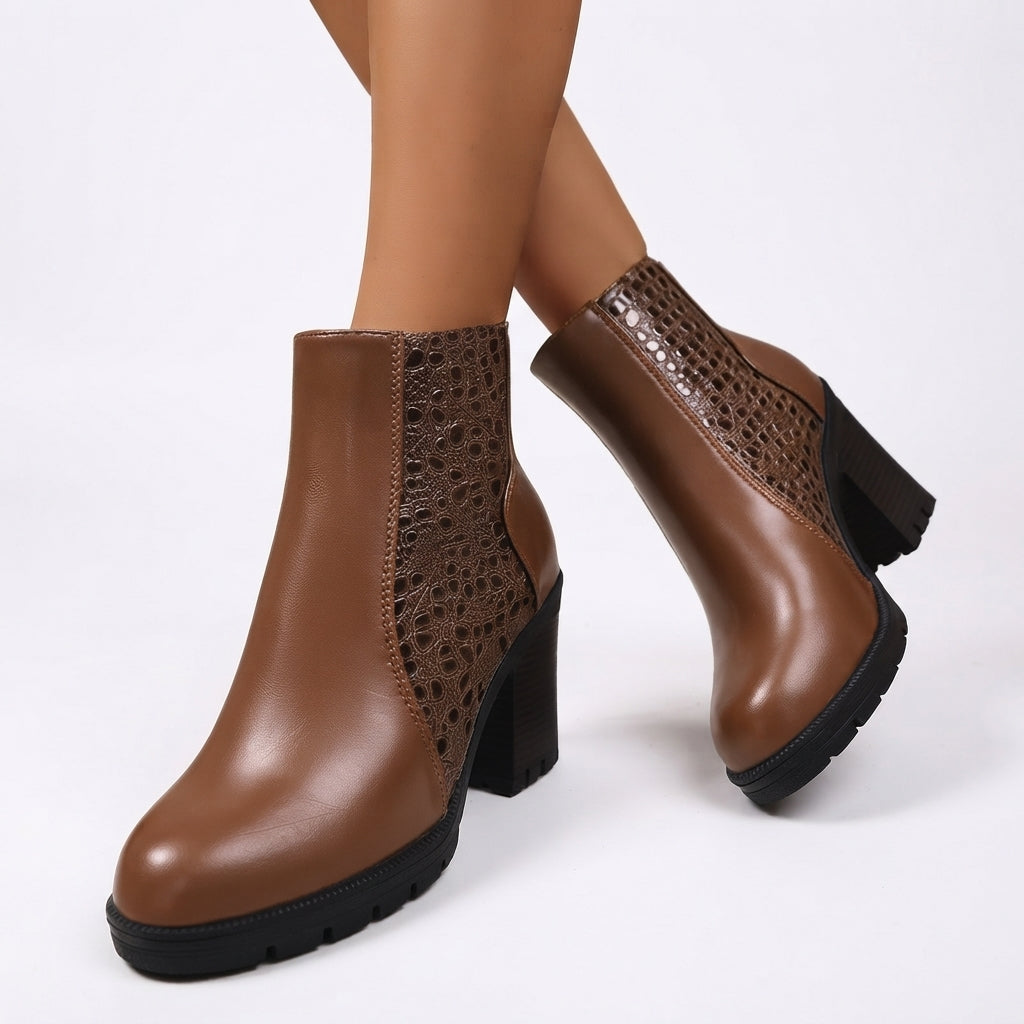 Croc Embossed Ankle Boots, Block Heel and Back Zip
