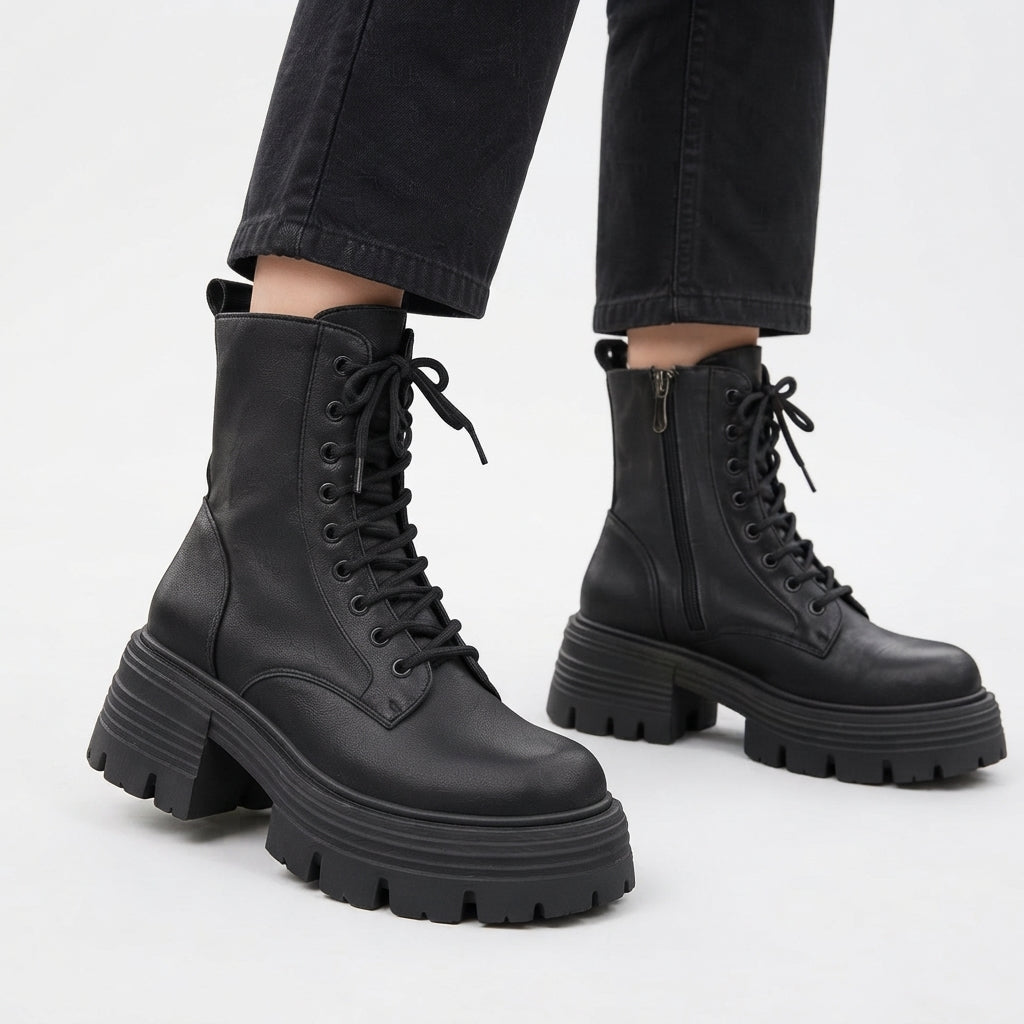 Faux Leather Platform Combat Boots, Lace-Up Lug Sole