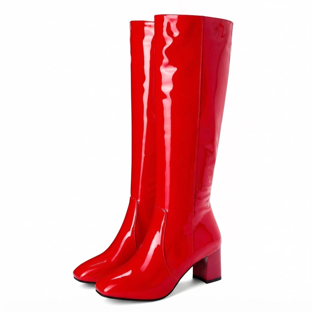 Glossy Leather Knee High Boots, Block Heel Side Zip