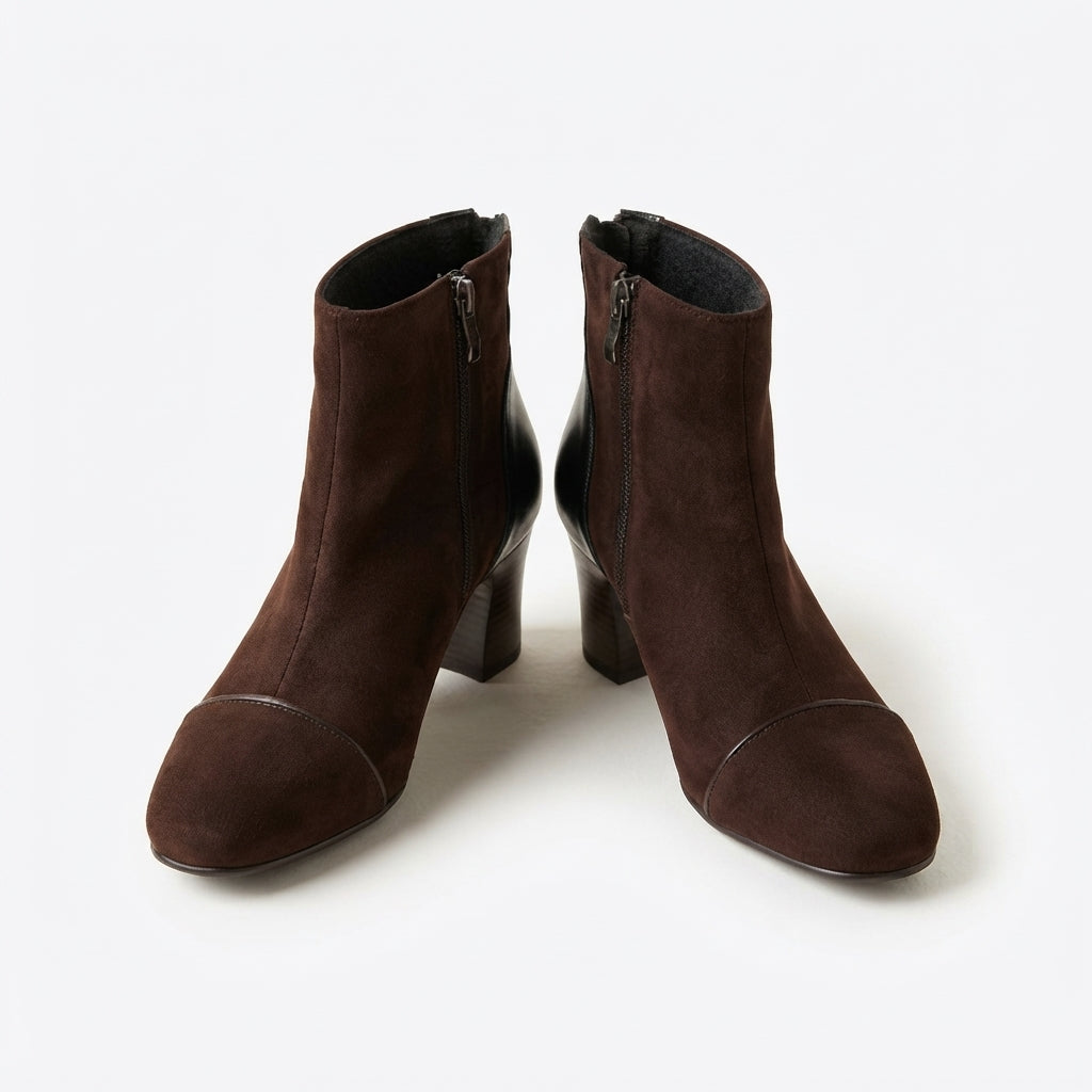 Brown Suede Ankle Boots, Block Heel Cushioned Interior