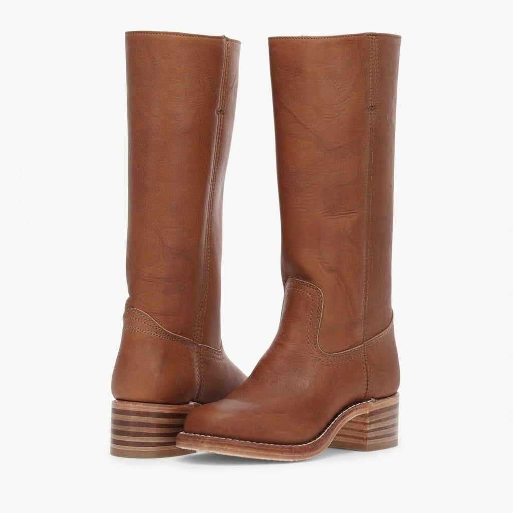 Leather Knee High Boots, Low Block Heel Zip Closure