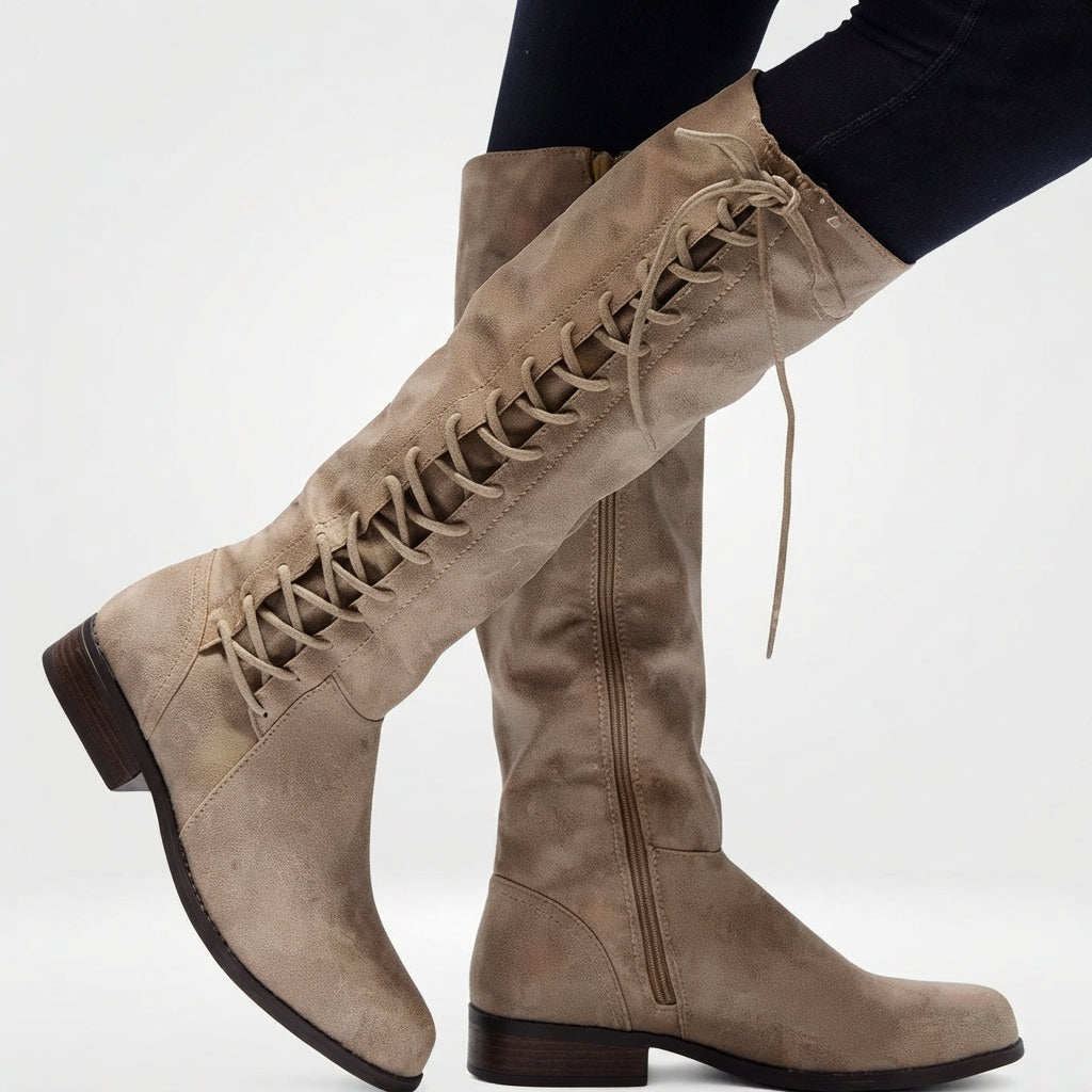 Leather Look Knee High Boots, Lace Up Front Side Zip