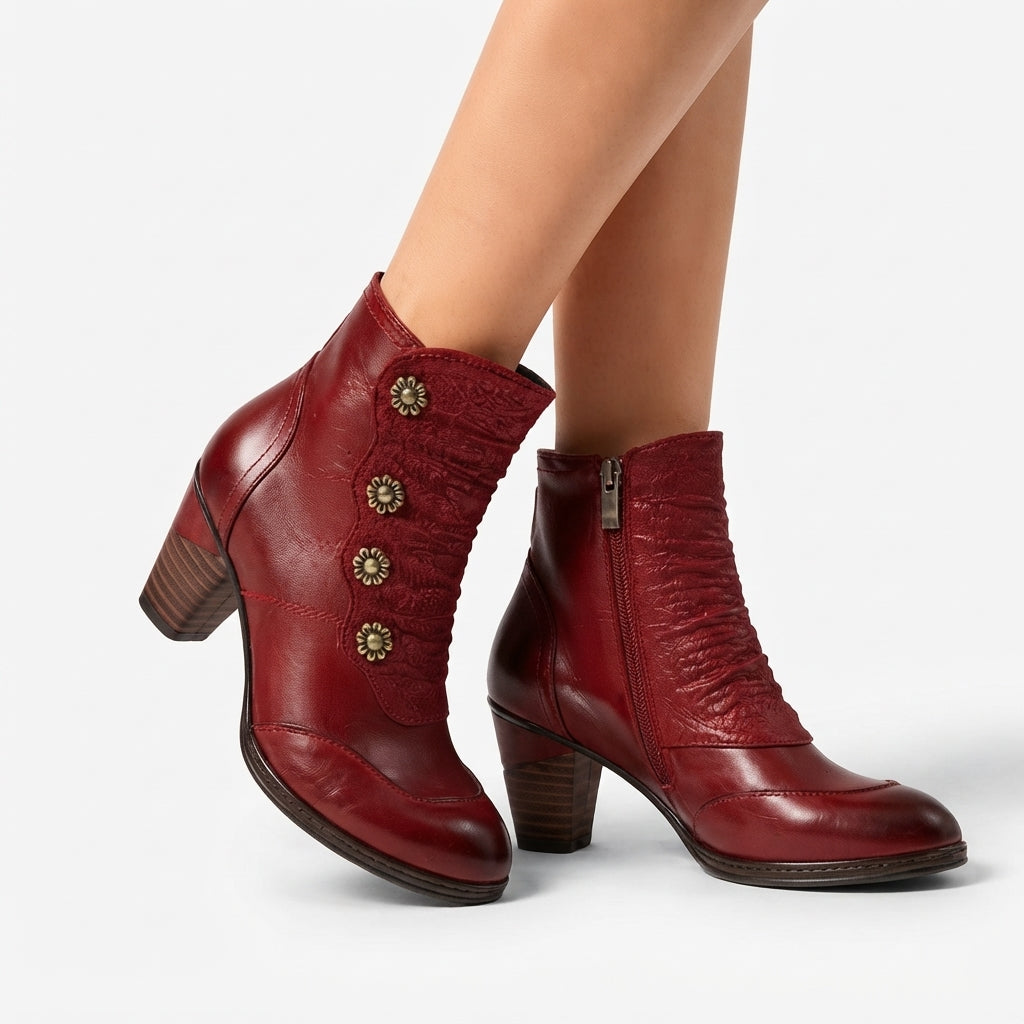 Leather Ankle Boots, Floral Button Block Heel Style