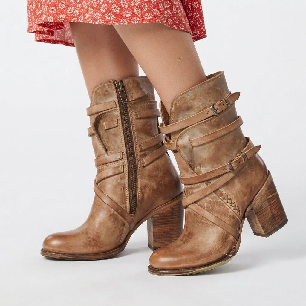 Heeled Biker Boots, Buckle Strap Lined Suede Style