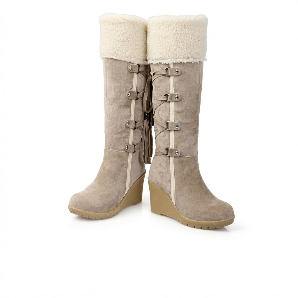 Faux Shearling Knee High Boots, Wedge Platform Sole