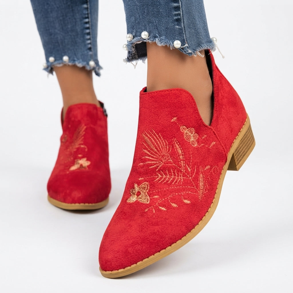 Embroidered Suede Ankle Boots, Low Block Heel Shape