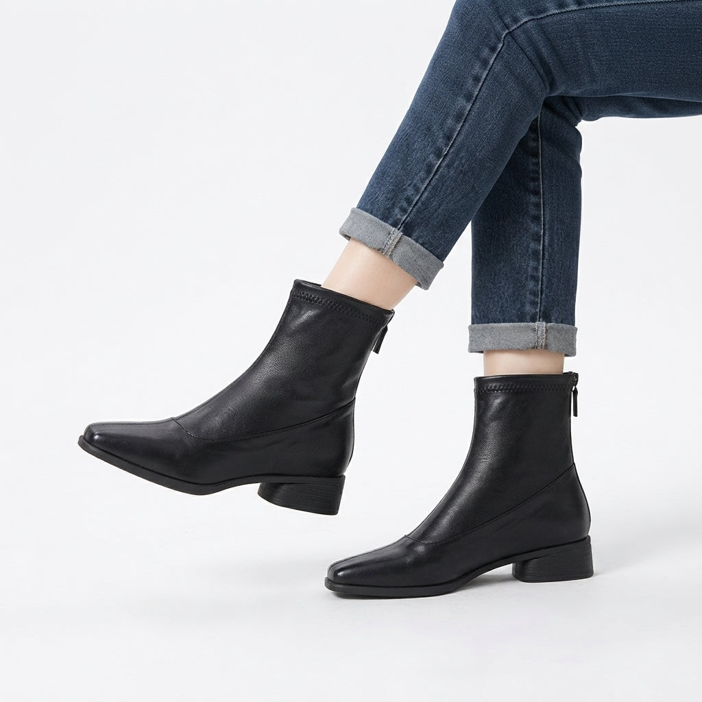 Square Toe Heeled Boots, Low Block Heel Back Zip Fit