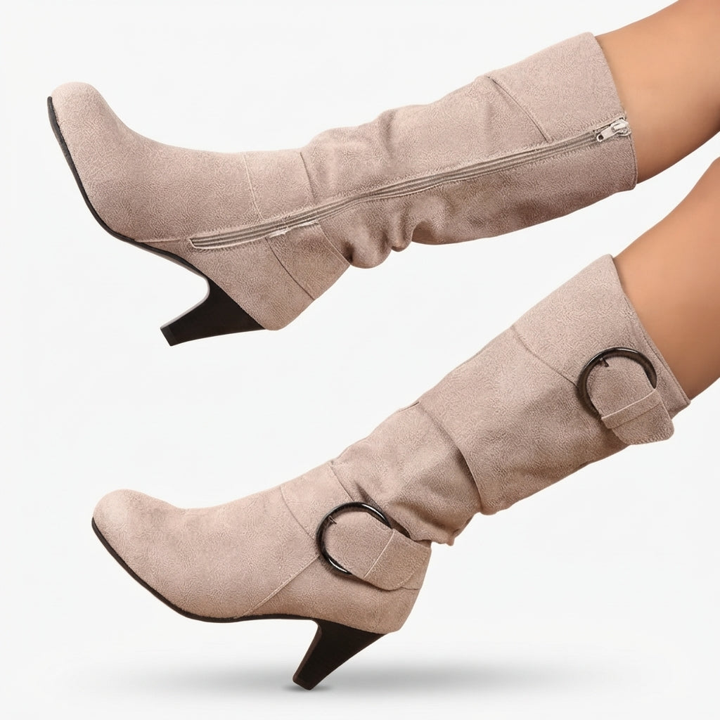Slouch Knee High Heeled Boots, Buckle Detail Side Zip
