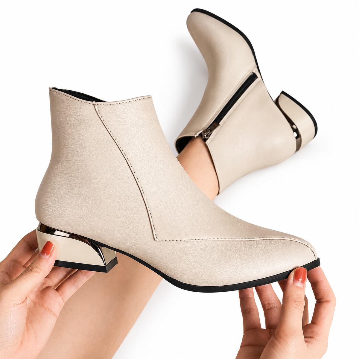 Pointed Toe Ankle Boots, Metallic Low Heel Side Zip