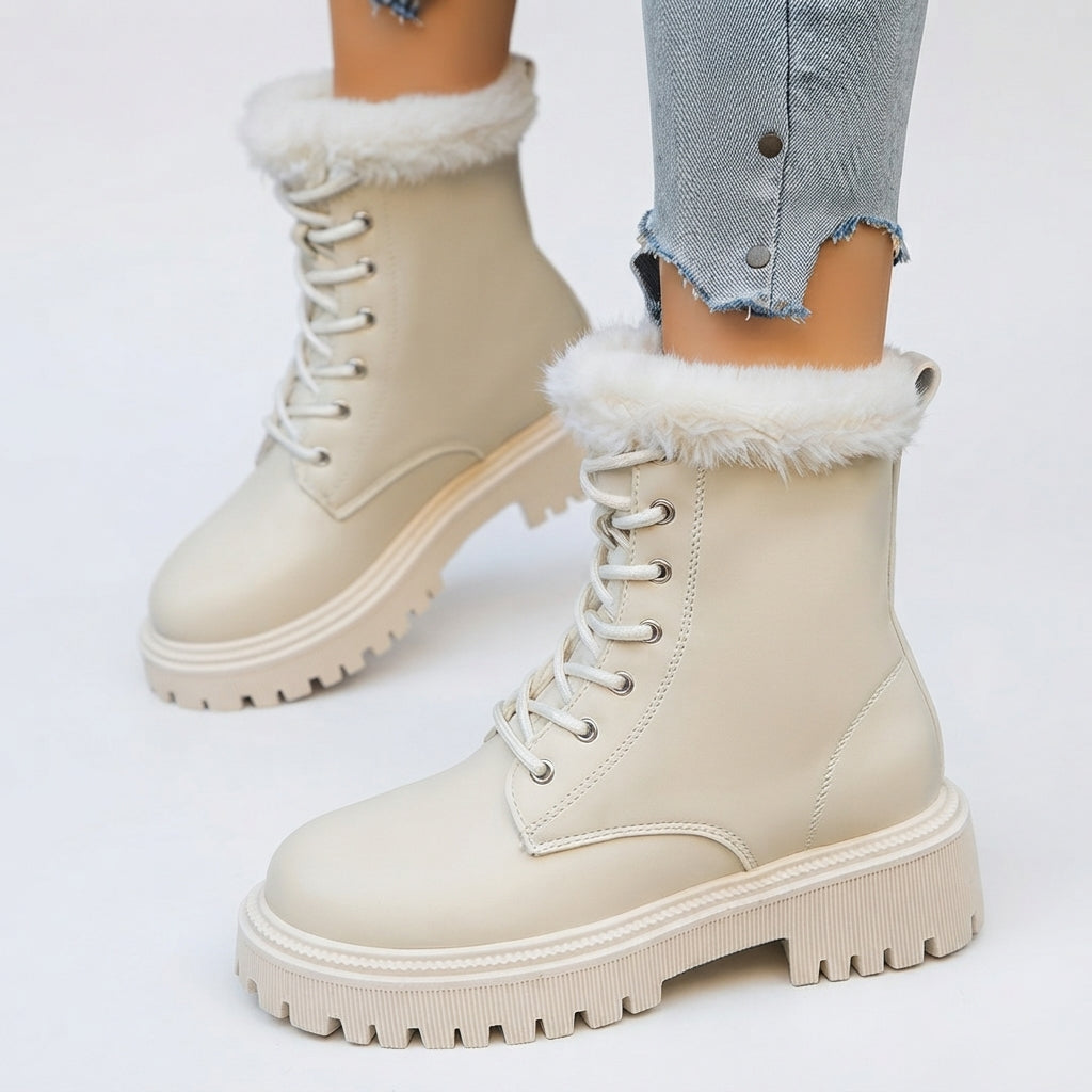Faux Fur Lined Combat Boots, Lace Up Chunky Lug Sole