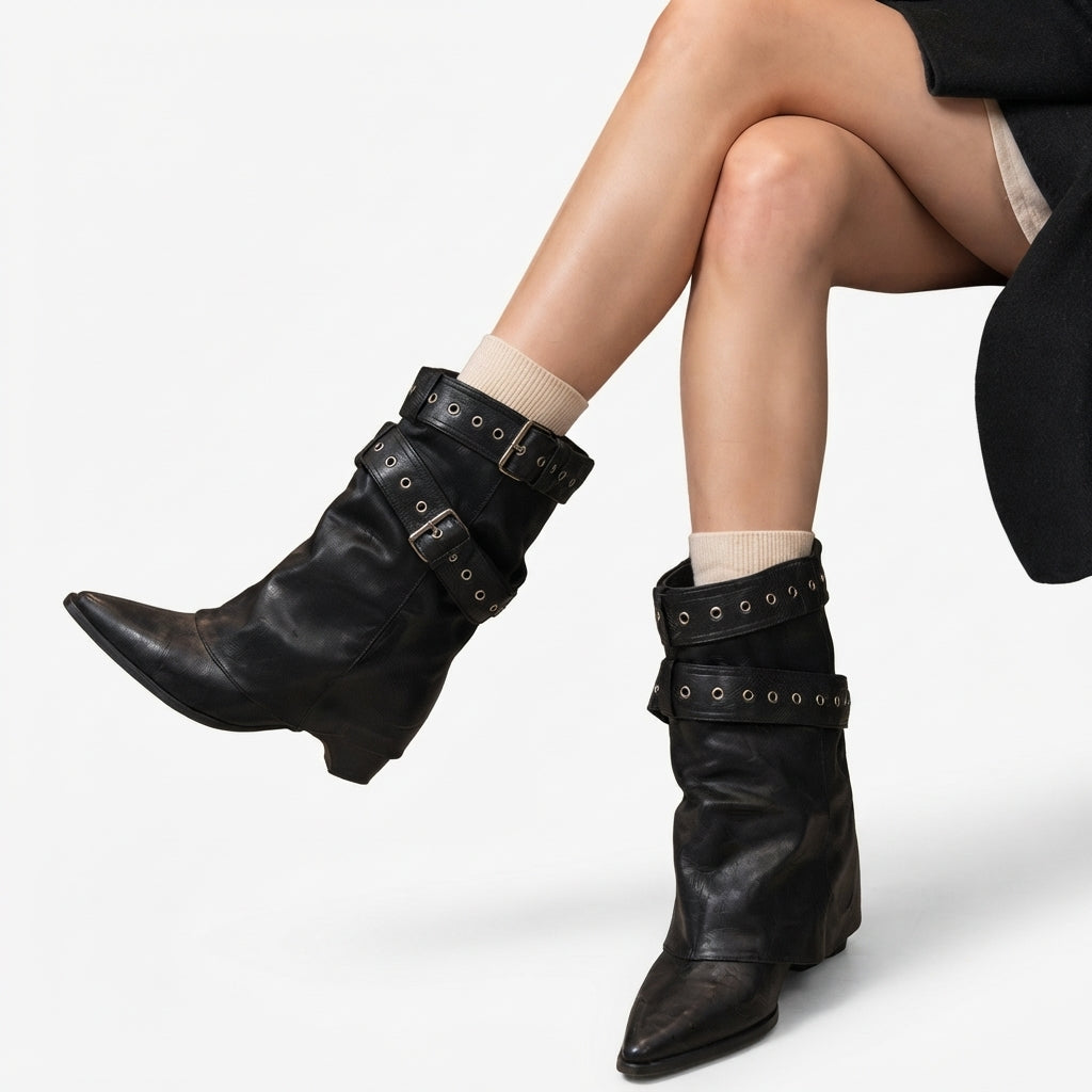 Slouch Cowboy Boots, Pointed Toe Buckle Strap Shaft