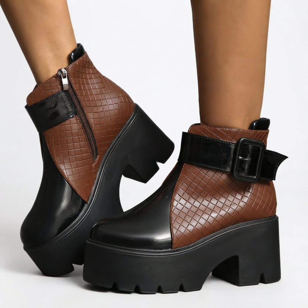 Platform Ankle Boots, Woven Faux Leather Buckle Strap