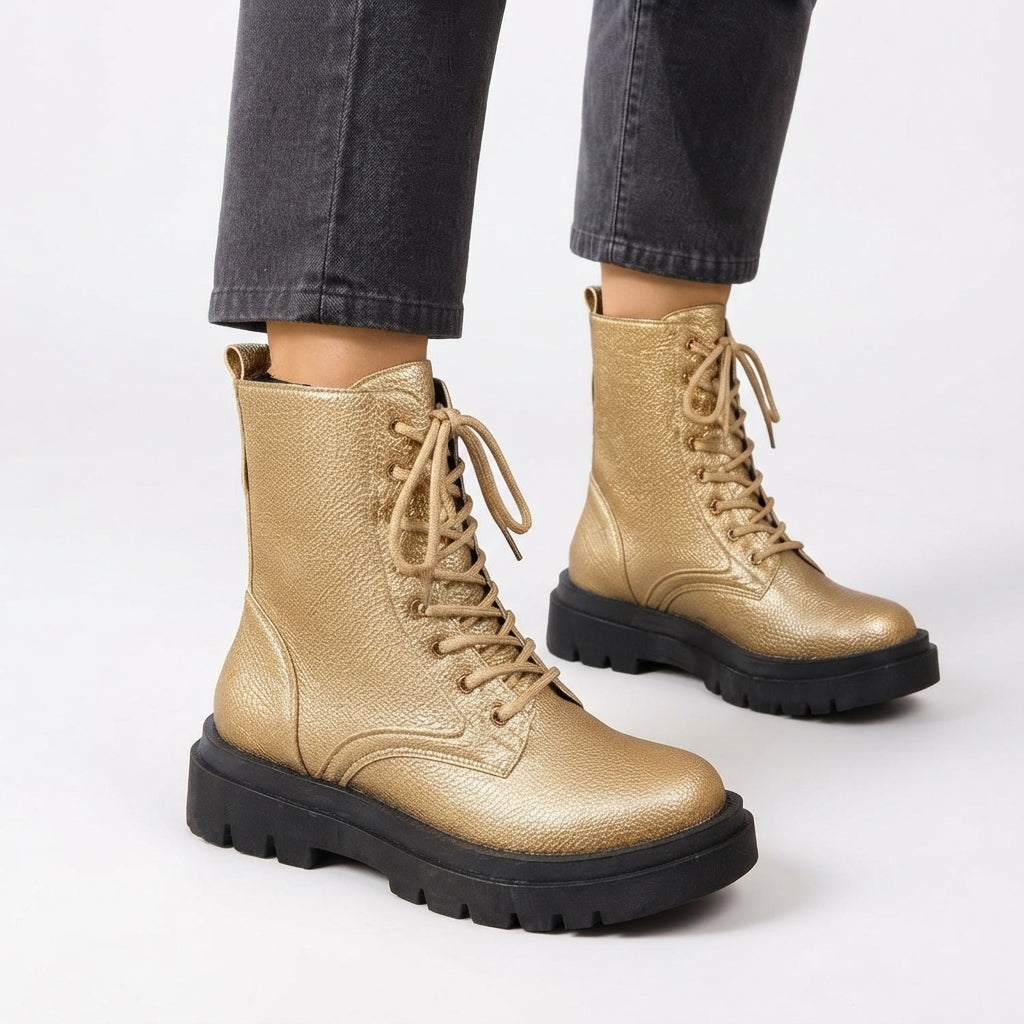 Platform Combat Boots, Pebbled Lace-Up Chunky Lug Sole