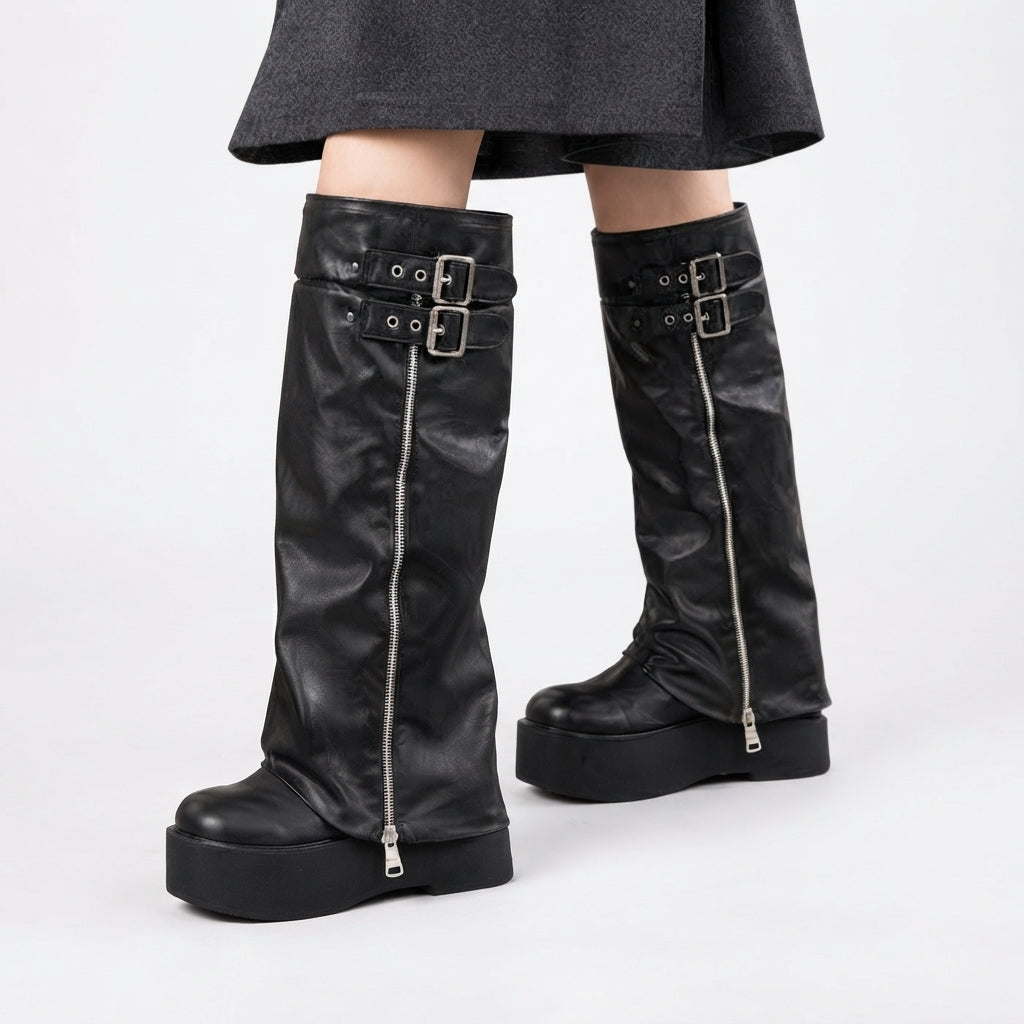 Leather-Look Knee High Platform Boots, Buckle Wedge