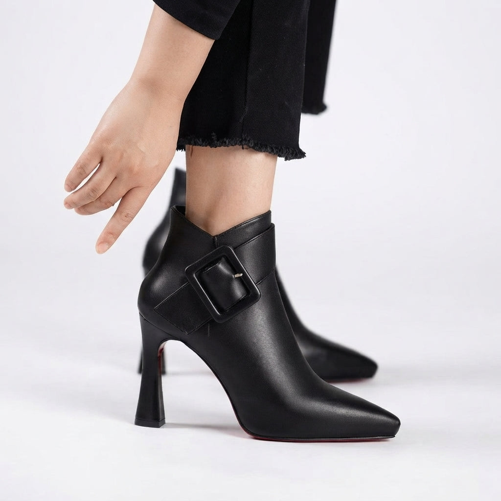 Pointed Toe Ankle Boots, Sculpted Heel Buckle Detail