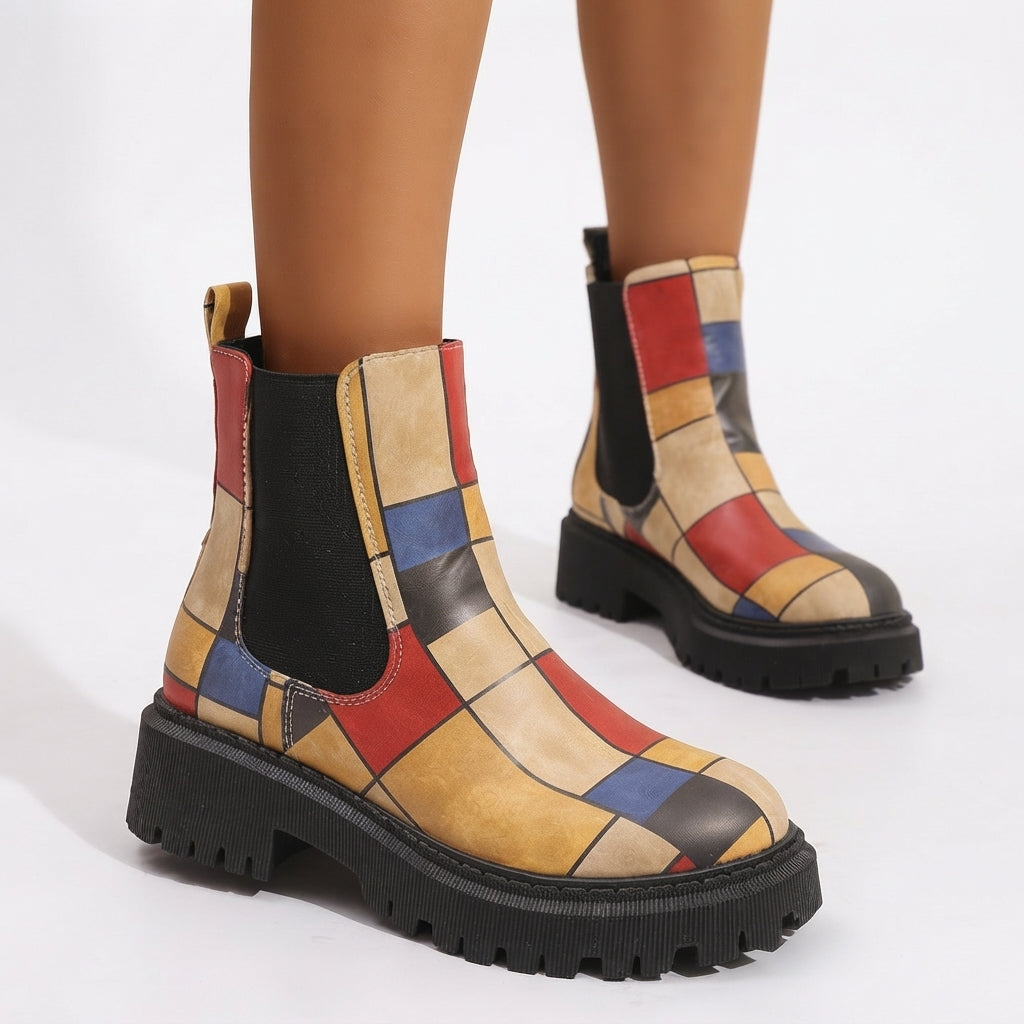 Platform Chelsea Boots, Colour-Block Faux Leather Lug Sole