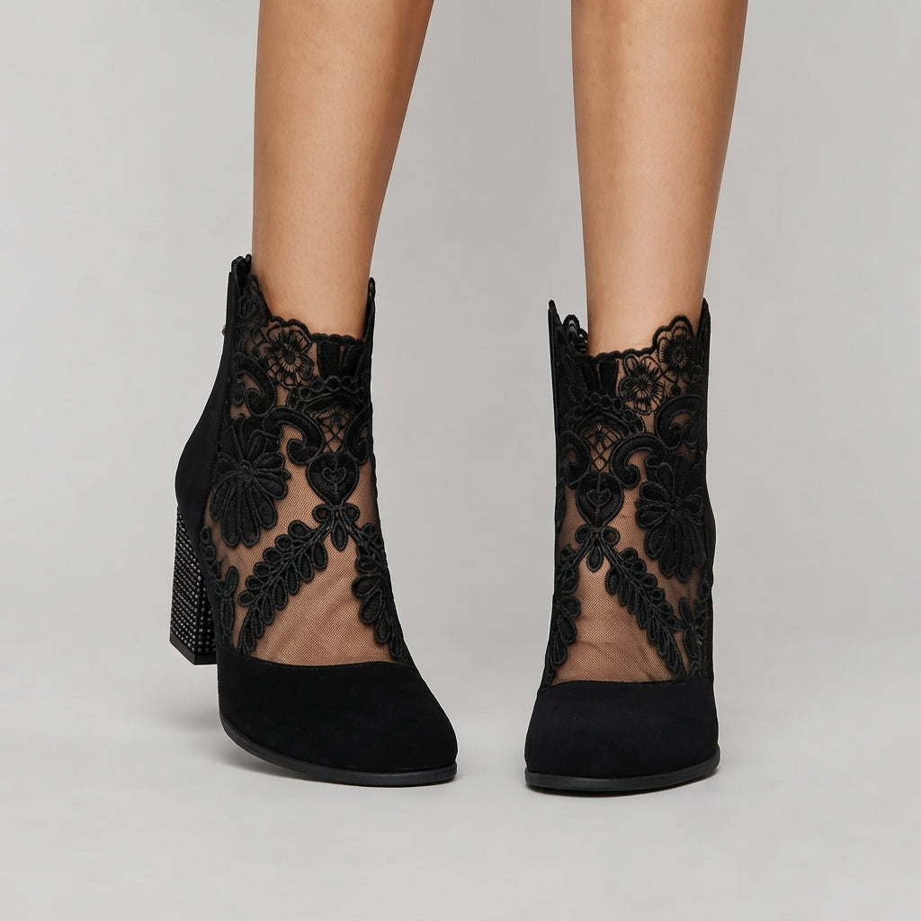 Floral Lace Ankle Boots, Wide Block Heel Padded Insole