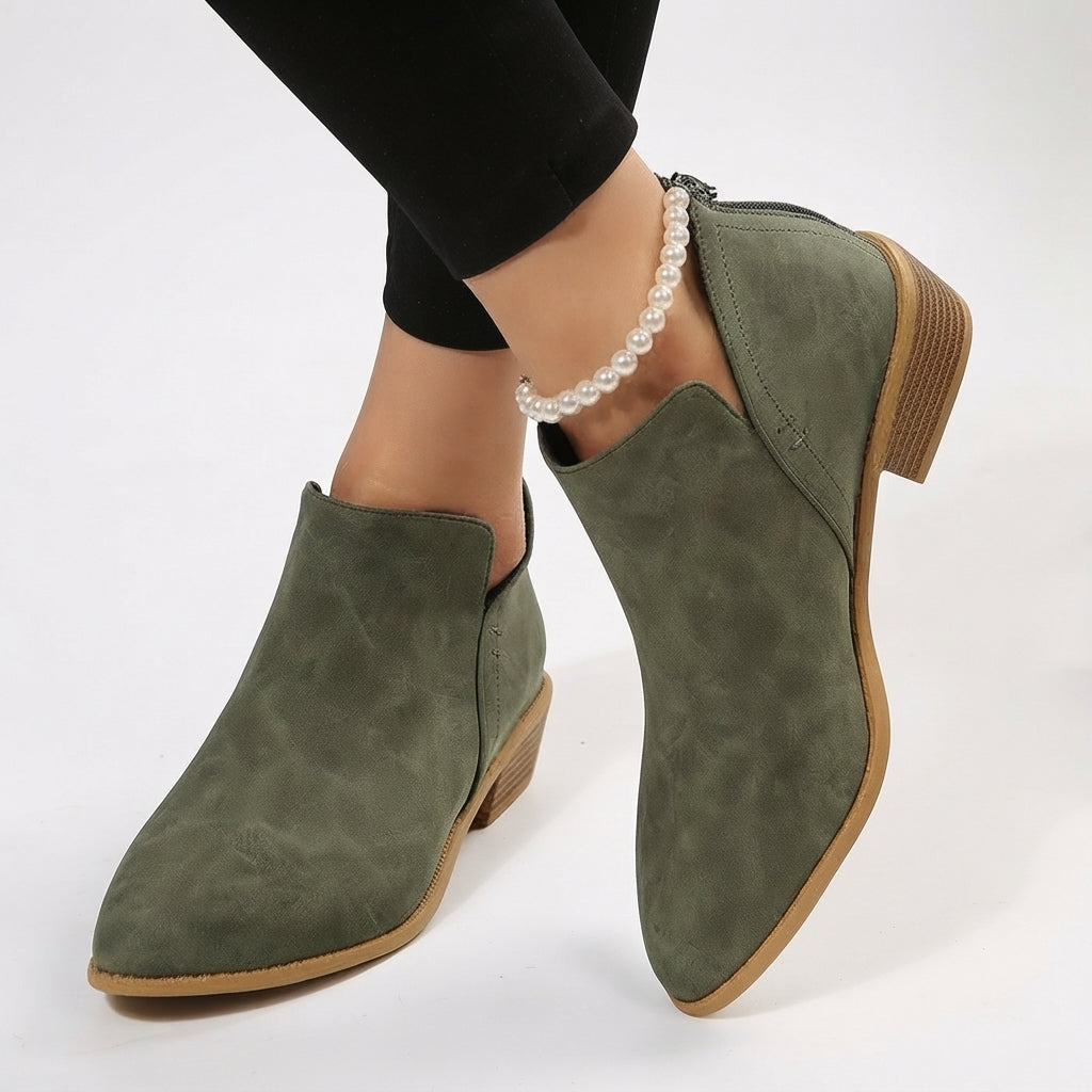 Pointed Toe Ankle Boots, Stacked Block Heel Suede Look