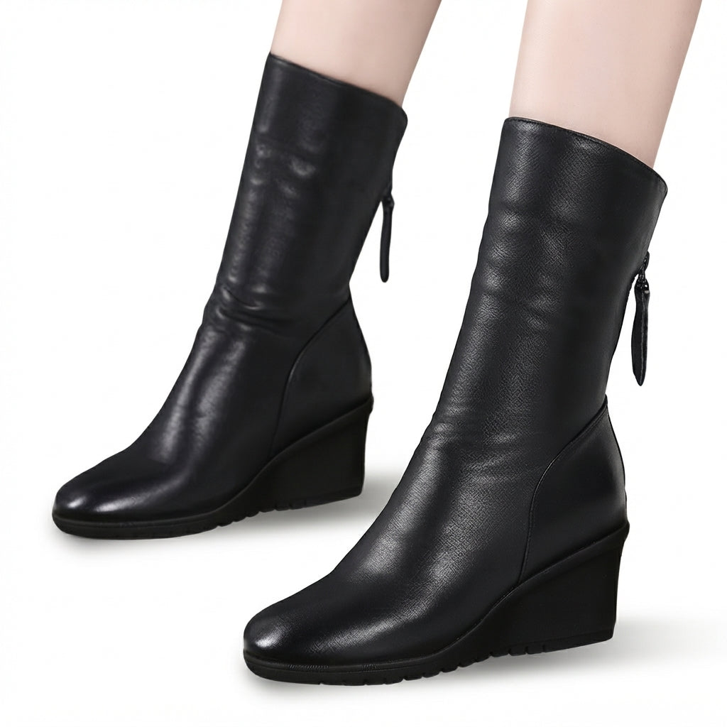 Mid Calf Slouch Leather Boots, Wedge Heel Side Zip